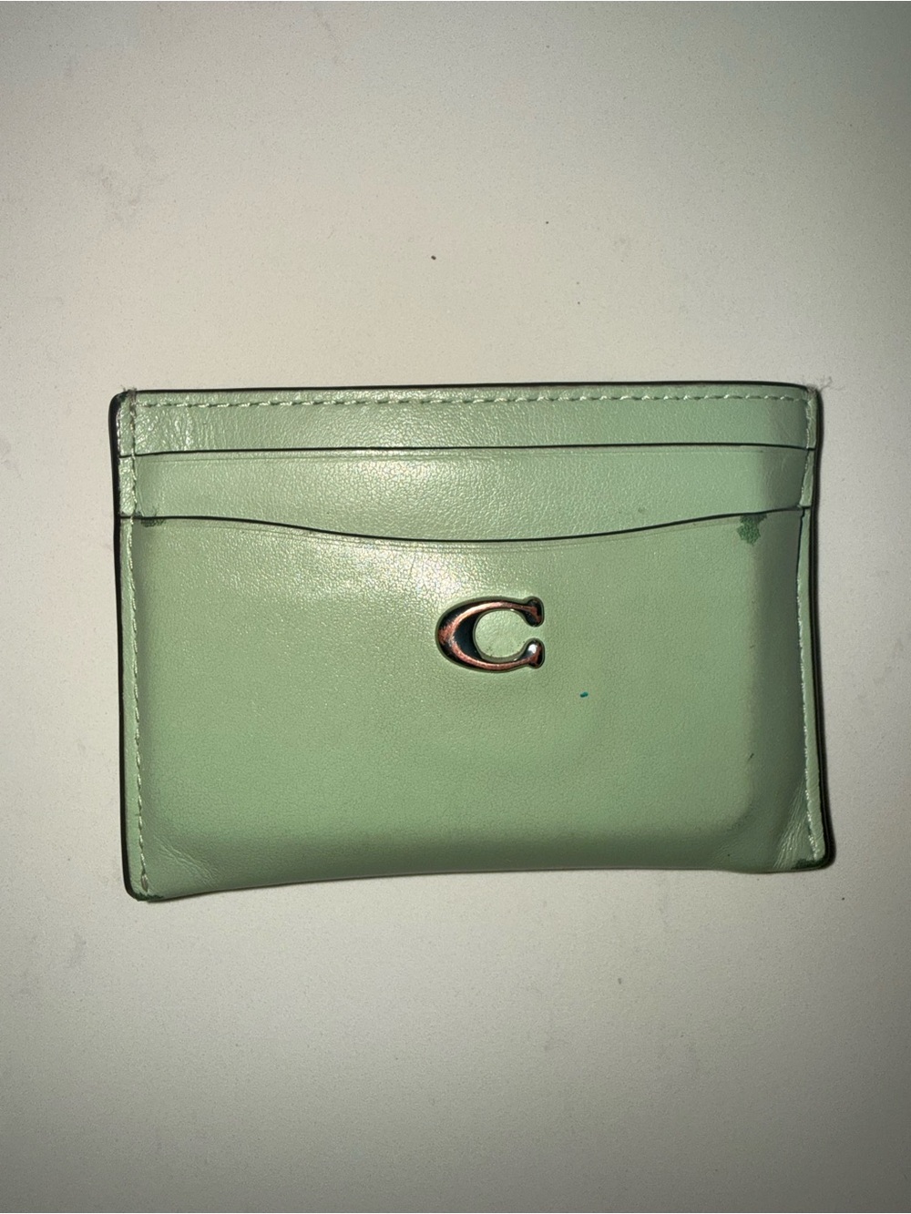 Coach Mint Green Leather Card Holder with Signature C Hardware